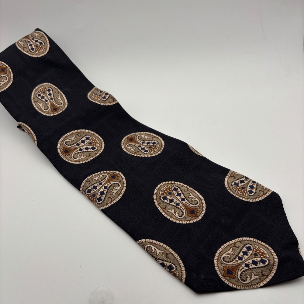 Hickey Freeman Necktie Mens OS Black Medallion Paisley Silk Hand Sewn USA